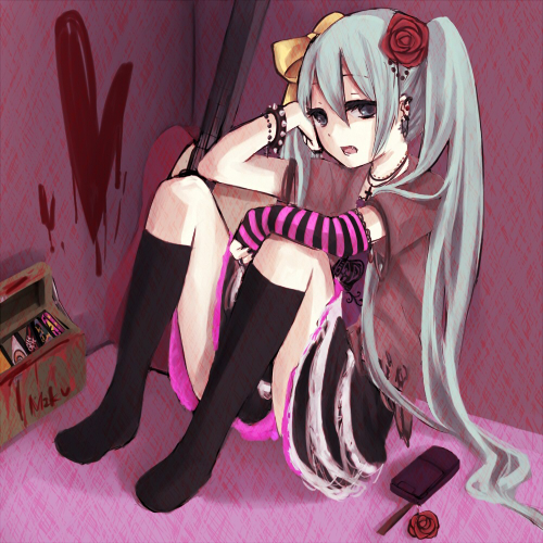 wada, wadaka, hatsune miku, vocaloid, bad id, bad pixiv id, lowres, 1girl, aqua hair, blue eyes, bracelet, cellphone, female focus, fingerless gloves, flower, full body, gloves, guitar, hair ribbon, hugging own legs, indoors, instrument, jewelry, long hair, phone, ribbon, rose, sitting, socks, solo, striped clothes, striped gloves, twintails, very long hair
