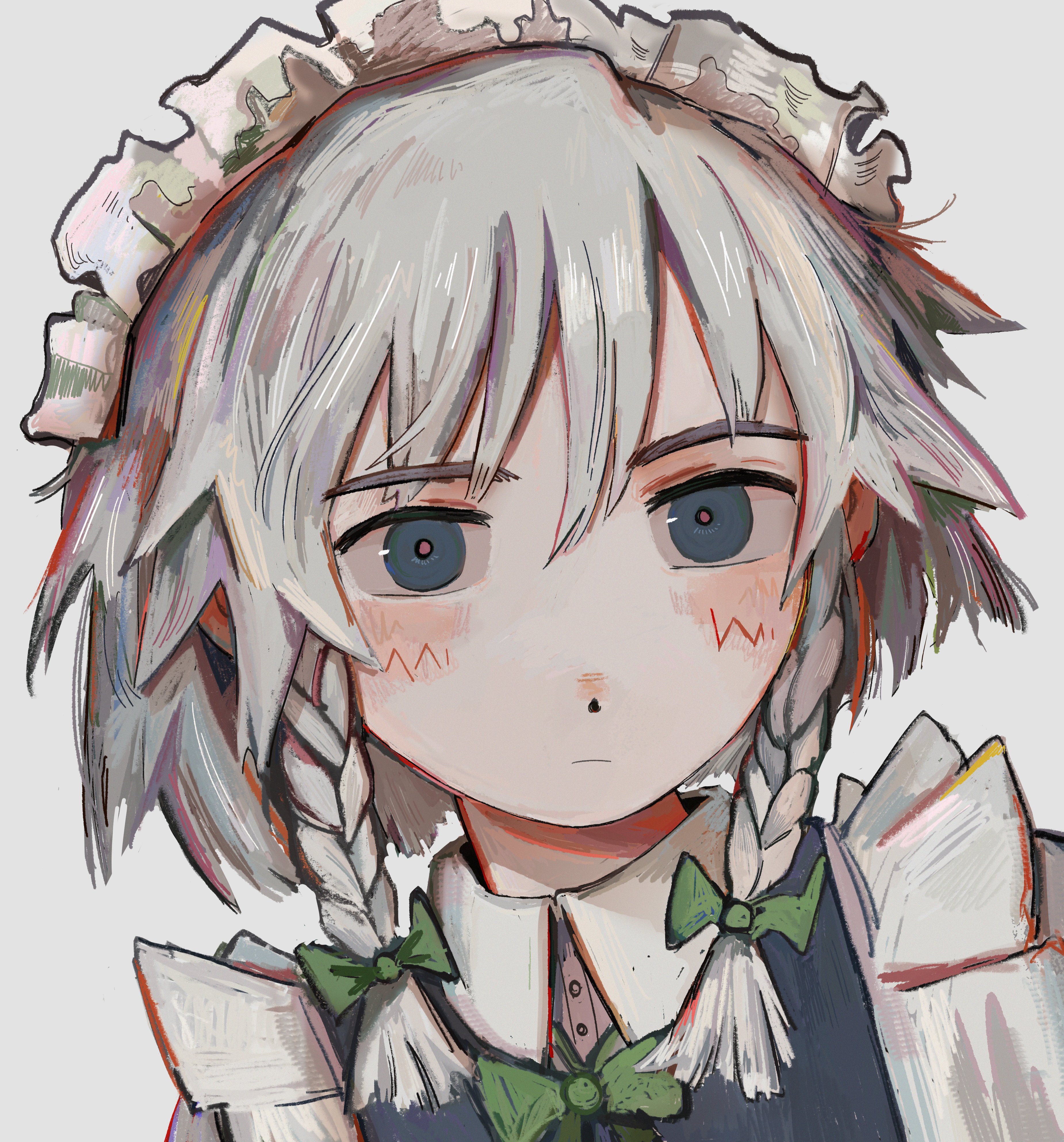fffkorobka, izayoi sakuya, touhou, absurdres, commentary, highres, 1girl, apron, blue eyes, bow, bowtie, braid, collared shirt, grey hair, hair bow, looking to the side, maid, maid headdress, portrait, shirt, short hair, side braids, solo