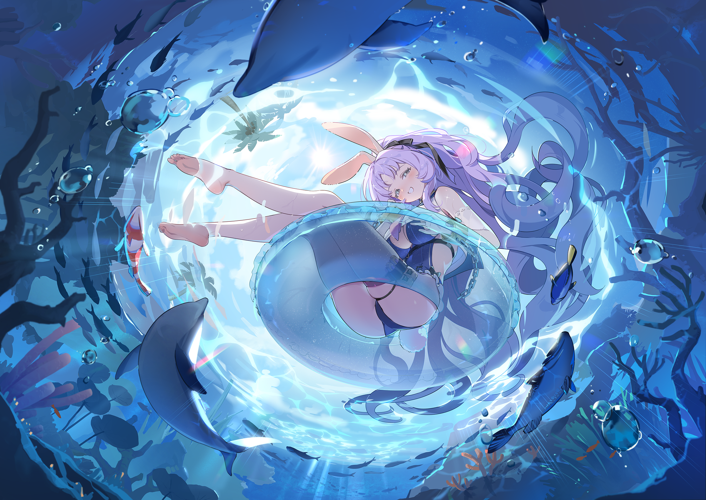 shia (stella sora), stella sora, game cg, highres, non-web source, official art, 1girl, animal ears, backless swimsuit, barefoot, black ribbon, blue one-piece swimsuit, breasts, cleavage, frilled innertube, frills, from below, grey eyes, grin, hair ribbon, innertube, large breasts, looking at viewer, one-piece swimsuit, purple hair, rabbit ears, rabbit tail, regal blue tang, ribbon, smile, soles, solo, swim ring, swimsuit, tail, toes, transparent innertube, underwater