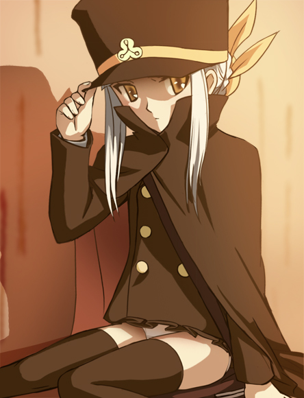 haruyama kazunori, fumika, shigofumi, uniform, 00s, black cape, buttons, cape, coat, grey hair, hat, long hair, overcoat, panties, ribbon, shako cap, solo, thighhighs, underwear, upskirt, white panties, yellow eyes, zettai ryouiki
