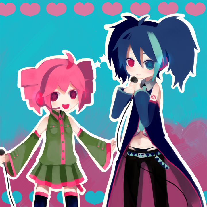 kasane teto, kasane teto (utau), yokune ruko, utau, vocaloid, bad id, bad pixiv id, 2girls, ahoge, black hair, detached sleeves, drill hair, headphones, heterochromia, microphone, multiple girls, necktie, pink eyes, pink hair, red eyes, short twintails, skirt, smile, thighhighs, twin drills, twintails