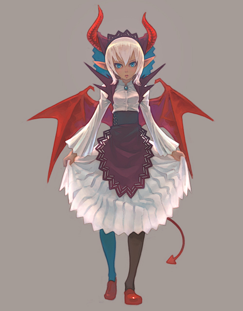 weno, elminage, 1girl, blue eyes, demon girl, demon tail, demon wings, elf, female focus, horns, pointy ears, simple background, solo, tail, white hair, wings