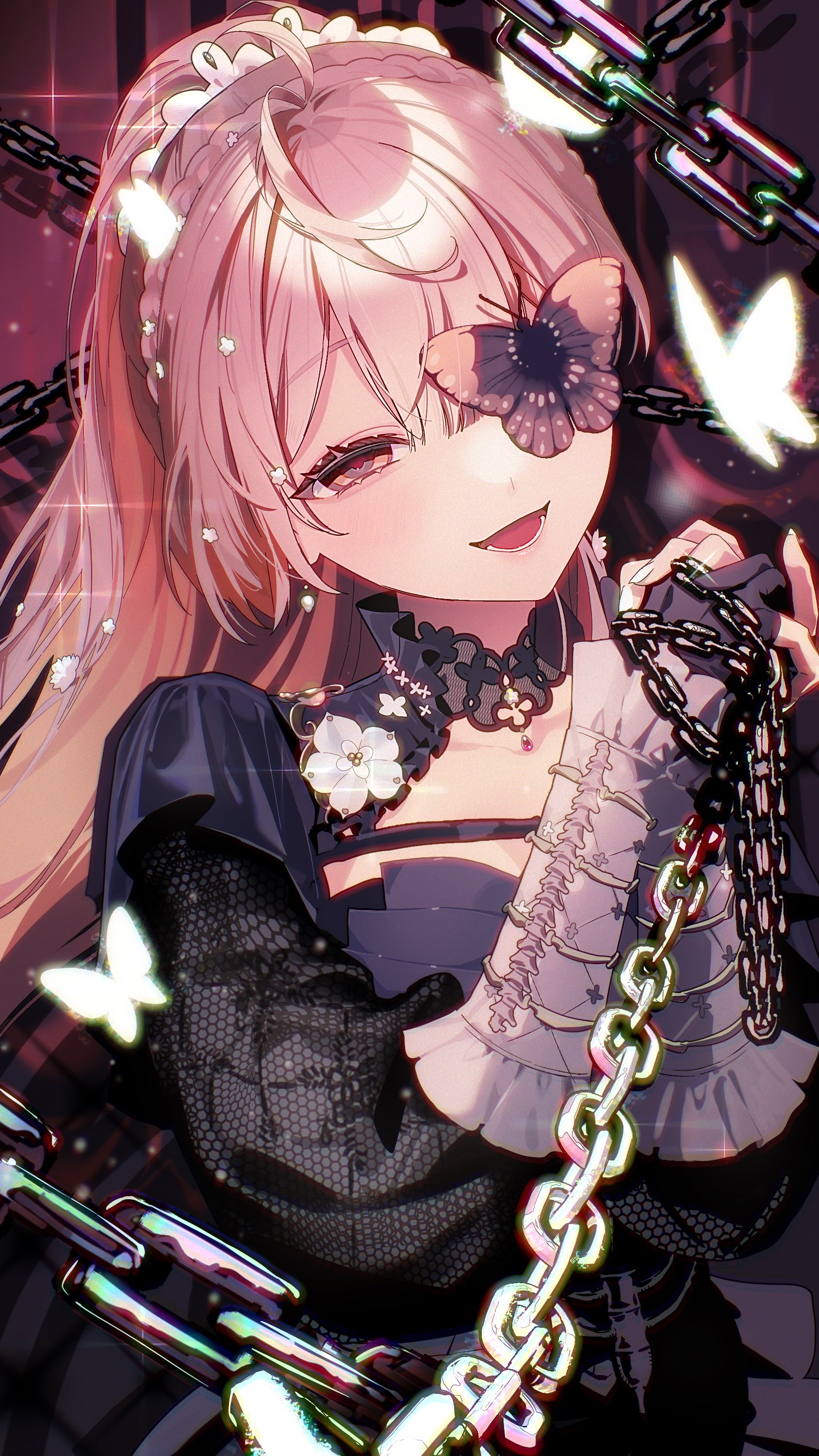 mottari (mottariquestion), klara charmwood, nijisanji, nijisanji en, absurdres, highres, 1girl, ahoge, black dress, blush, breasts, brown eyes, brown hair, bug, butterfly, butterfly over eye, chain, cleavage, dress, glint, glowing butterfly, half-closed eye, insect, klara charmwood (2nd costume), long hair, looking at viewer, maid headdress, open mouth, smile, solo, virtual youtuber, yandere