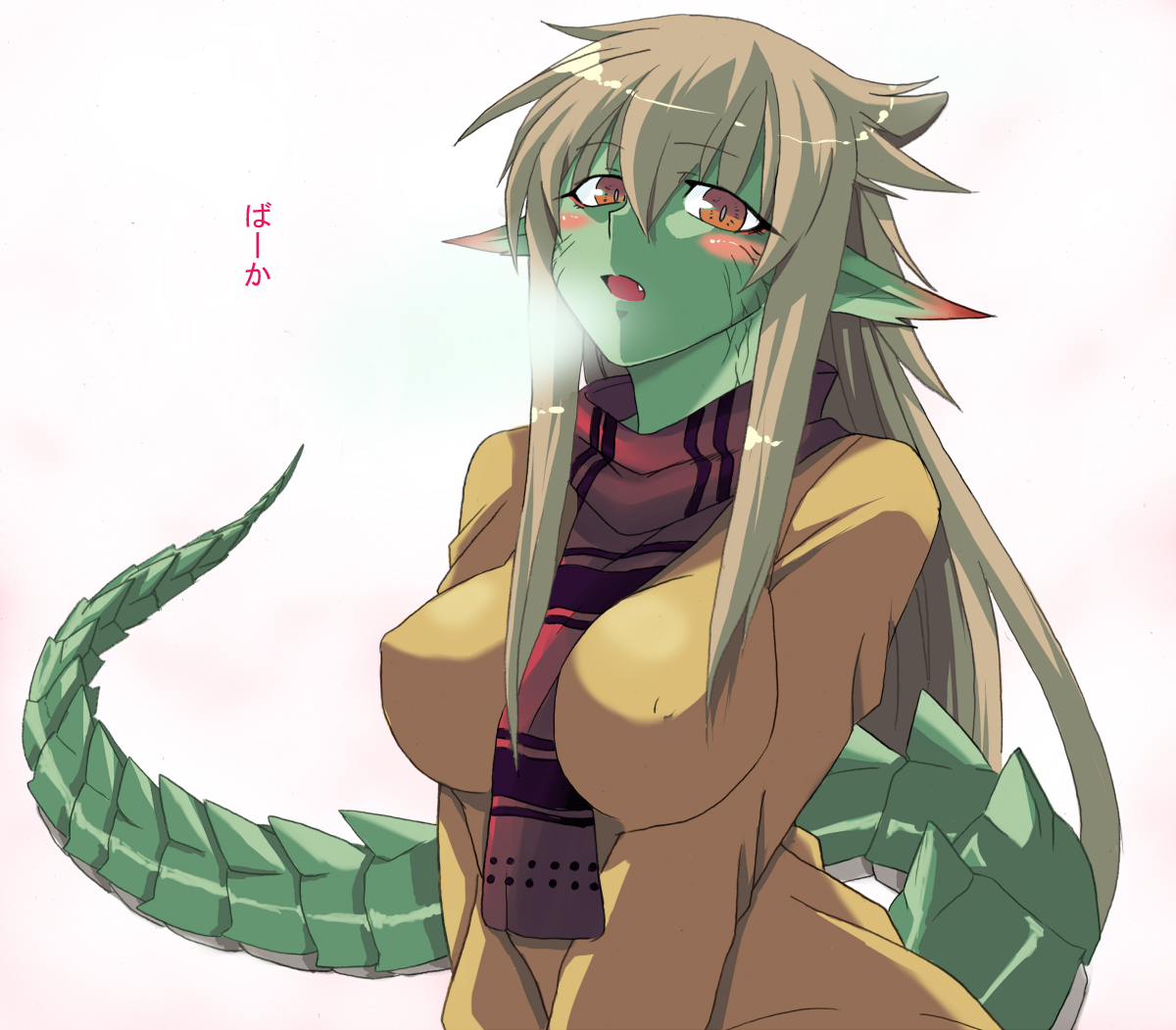 ooike teru, dragonian sempai, ryuujin no senpai, original, light brown hair, reptilian, translated, 1girl, between breasts, blush, breasts, breasts squeezed together, breath, casual, cold, colored skin, covered erect nipples, dragon girl, dragon tail, fang, female focus, green skin, impossible clothes, large breasts, long hair, long pointy ears, looking at viewer, messy hair, monster girl, pointy ears, red eyes, scales, scarf, soles, solo, tail, v arms, very long hair