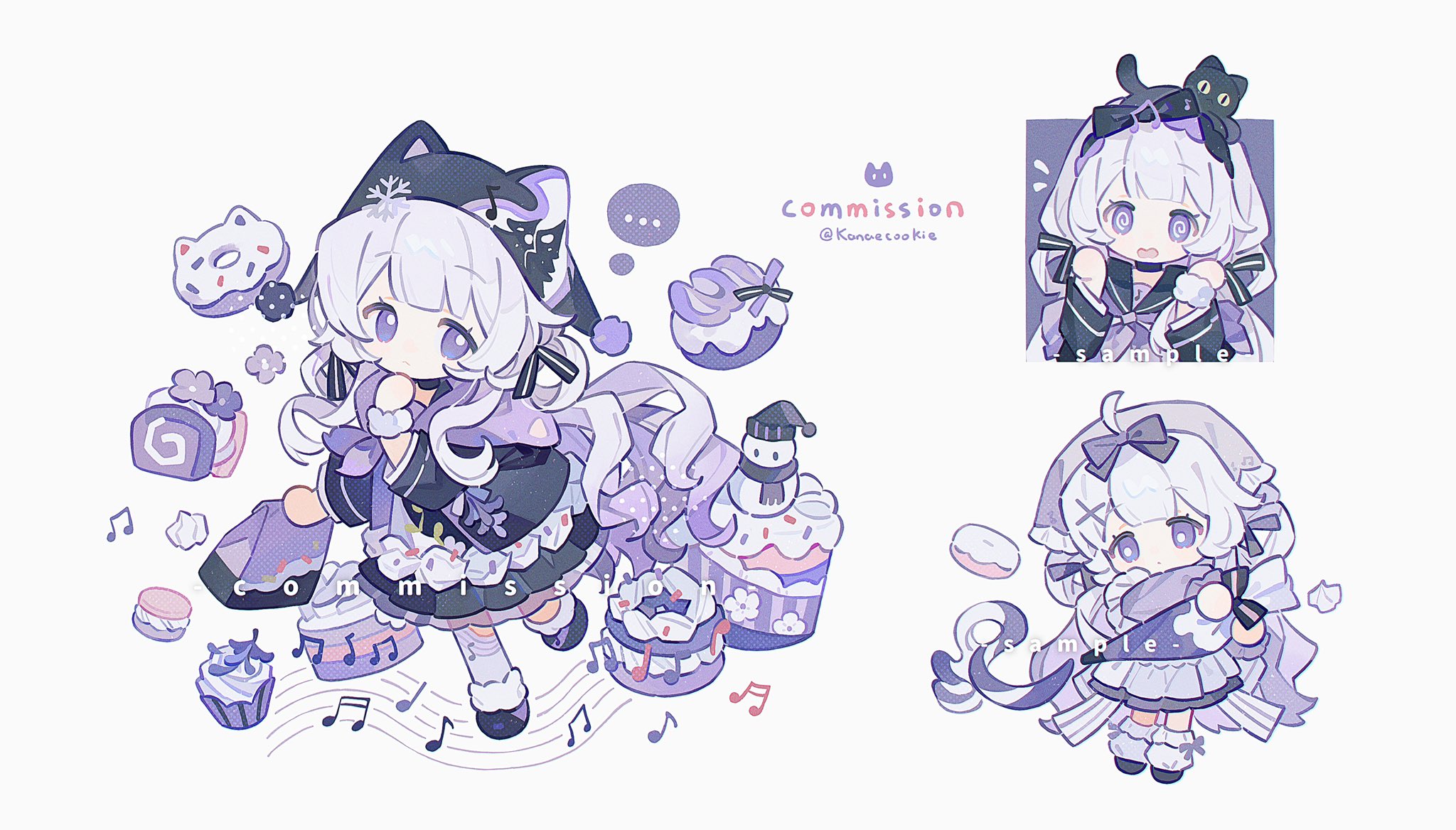 kanae (cookie), original, commission, highres, 1girl, @ @, ball hands, black dress, black hat, black sailor collar, black shoes, blunt bangs, chibi, chibi only, closed mouth, donut, dress, food, full body, hat, long hair, long sleeves, looking at viewer, multiple views, neckerchief, open mouth, purple eyes, purple neckerchief, sailor collar, shoes, simple background, socks, standing, standing on one leg, twitter username, white background, white hair, white socks