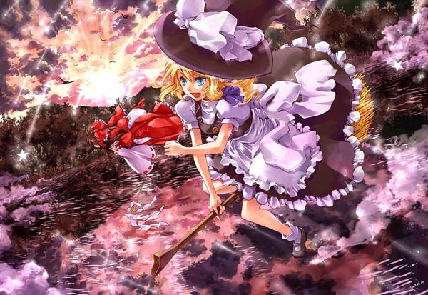 m (pixiv), hakurei reimu, kirisame marisa, touhou, bad id, bad pixiv id, 1girl, female focus, flying, hat, japanese clothes, miko, solo, witch, witch hat