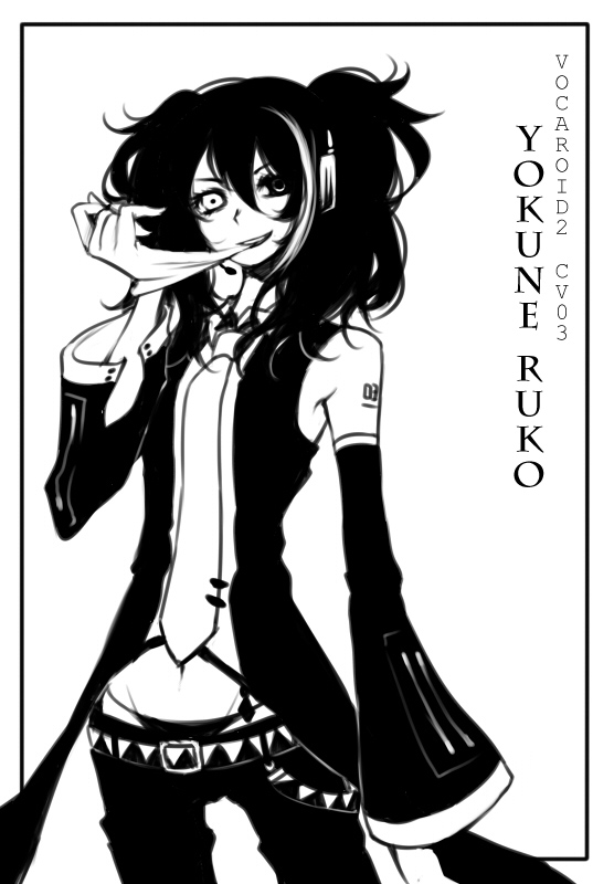 reika (artist), reika (clovia studio), yokune ruko, utau, vocaloid, bad id, bad pixiv id, 1girl, black hair, detached sleeves, female focus, gloves, greyscale, grin, headphones, heterochromia, microphone, monochrome, necktie, simple background, single glove, smile, solo, twintails