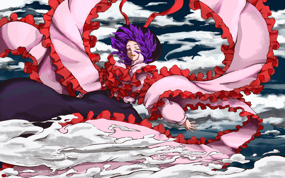 shibasaki shouji, nagae iku, touhou, bad id, bad pixiv id, 1girl, cloud, female focus, hat, purple hair, red eyes, ribbon, short hair, solo