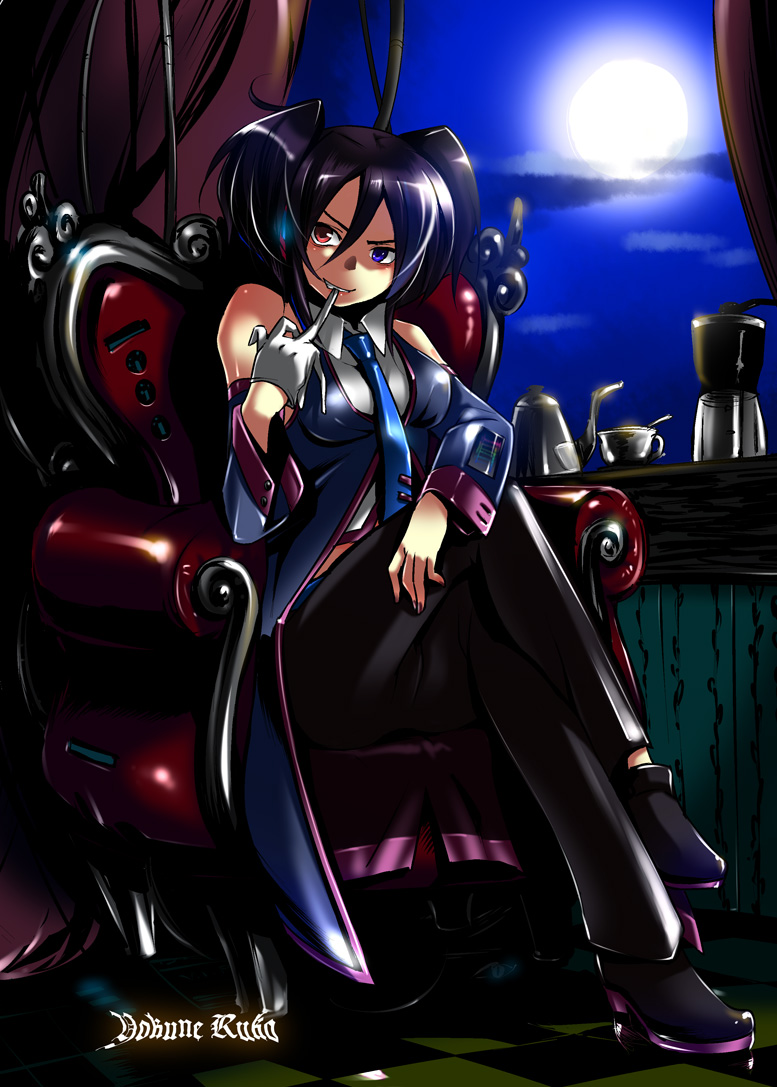 caffein, yokune ruko, utau, vocaloid, armchair, black hair, blue eyes, chair, character name, checkered floor, coffee, coffee maker, coffee mug, crossed legs, cup, detached sleeves, floor, full moon, gloves, grin, headphones, heterochromia, microphone, moon, mug, naughty face, night, red eyes, red upholstery, single glove, sitting, smile, solo, spoon, twintails