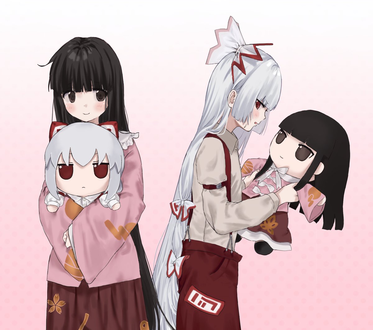 fujiwara no mokou, houraisan kaguya, touhou, commentary, symbol-only commentary, 2girls, black hair, blunt bangs, bow, brown eyes, character doll, doll, fumo (doll), gradient background, hair bow, holding, holding doll, jitome, long hair, long sleeves, looking at another, looking to the side, multiple girls, pants, parted lips, pink background, profile, red eyes, skirt, sleeves past wrists, smile, suspenders, trmkthanks, very long hair, white hair