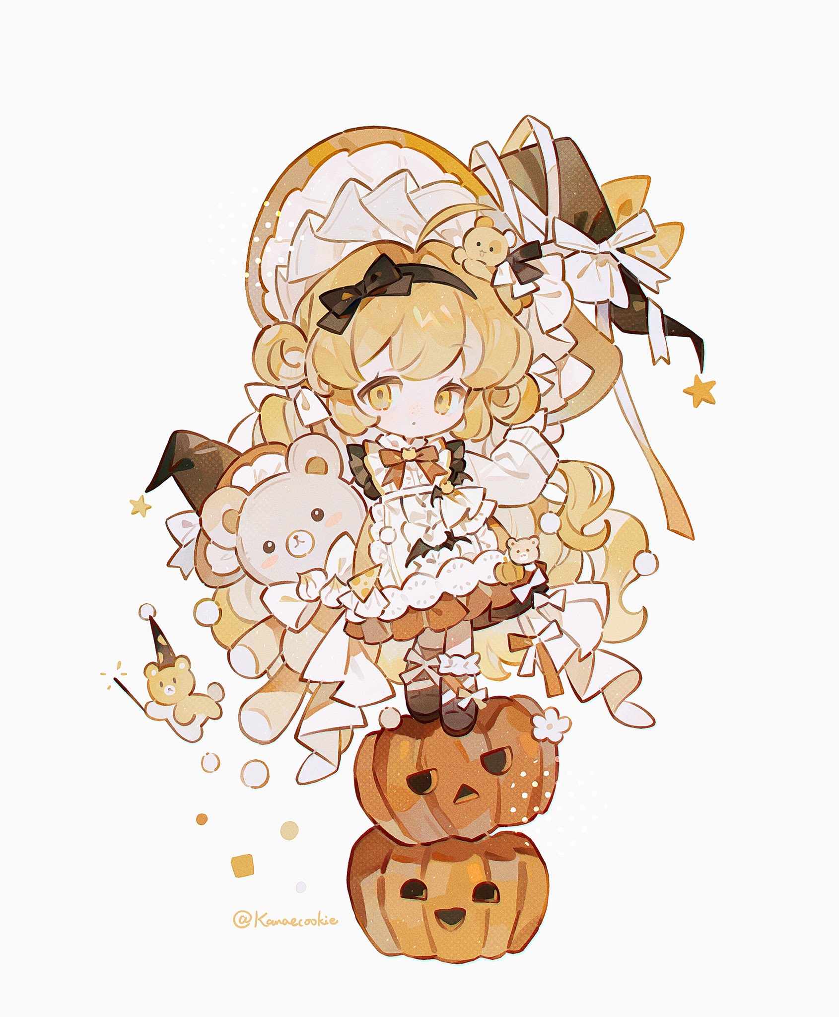 kanae (cookie), original, highres, 1girl, apron, black hairband, blonde hair, bow, bow hairband, bowtie, brown shoes, chibi, chibi only, closed mouth, frilled skirt, frills, full body, hairband, halloween, hat, long hair, long sleeves, looking at viewer, orange bow, orange bowtie, shirt, shoes, simple background, skirt, solo, standing, stuffed animal, stuffed toy, teddy bear, twitter username, white apron, white background, white shirt, witch hat, yellow eyes, yellow hat, yellow skirt
