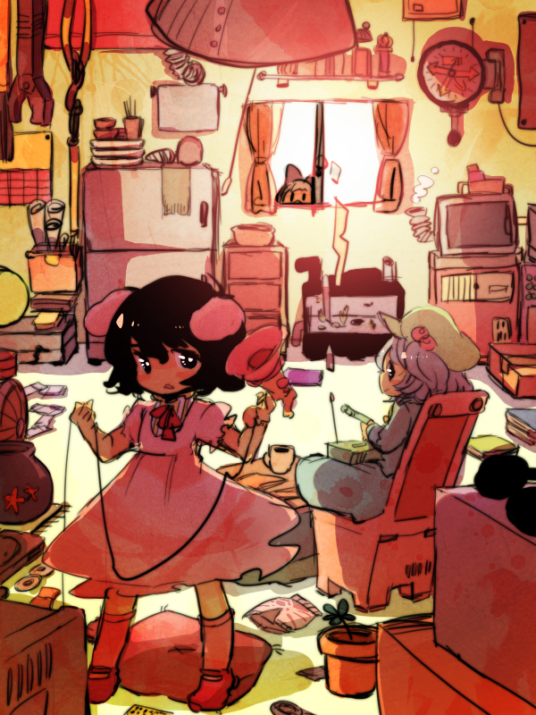 rawan, inaba tewi, kawashiro nitori, touhou, bad id, bad pixiv id, 2girls, black hair, dress, female focus, hat, indoors, megaphone, multiple girls, pink hair, plant, skirt