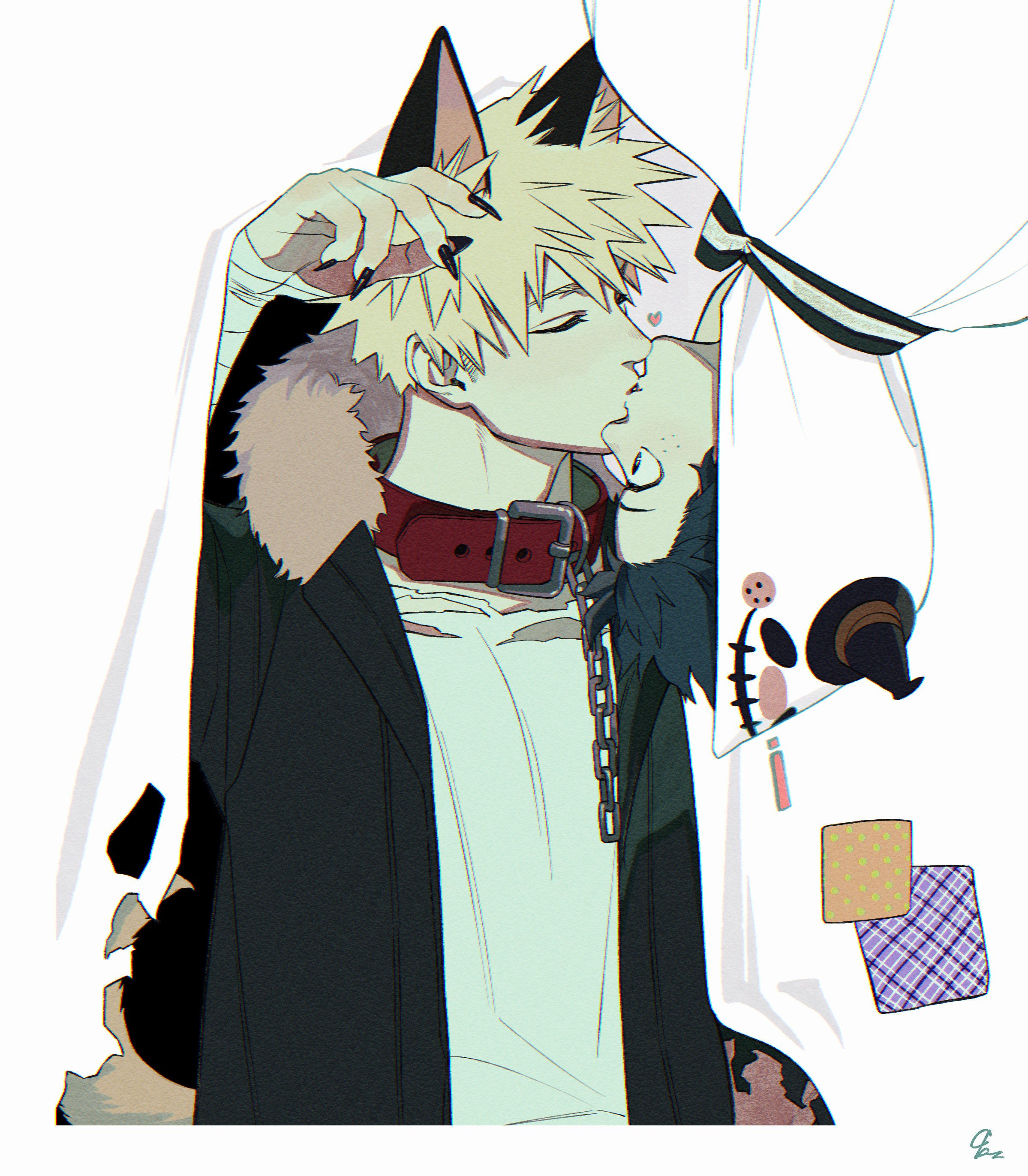 bakugou katsuki, midoriya izuku, boku no hero academia, absurdres, commentary request, highres, 2boys, 9 a zq, animal ears, arm up, bandaged arm, bandages, belt buckle, belt collar, black hat, black jacket, black nails, blonde hair, buckle, chain, closed eyes, collar, cropped torso, fingernails, freckles, fur-trimmed hood, fur trim, ghost, ghost costume, green hair, halloween costume, hat, heart, hood, hood up, hooded jacket, jacket, kiss, looking at another, male focus, mini hat, mini witch hat, multiple boys, nail polish, open clothes, open jacket, profile, red collar, sharp fingernails, short hair, spiked hair, upside-down, werewolf, white background, white fur, wide-eyed, witch hat, wolf ears, yaoi