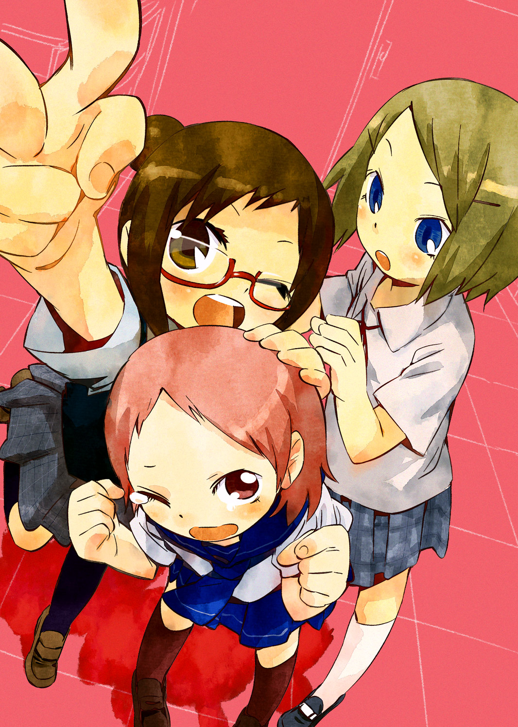 mizu asato, original, highres, 3girls, blue eyes, brown hair, clenched hands, glasses, multiple girls, one eye closed, red eyes, red hair, tears, thighhighs, wink