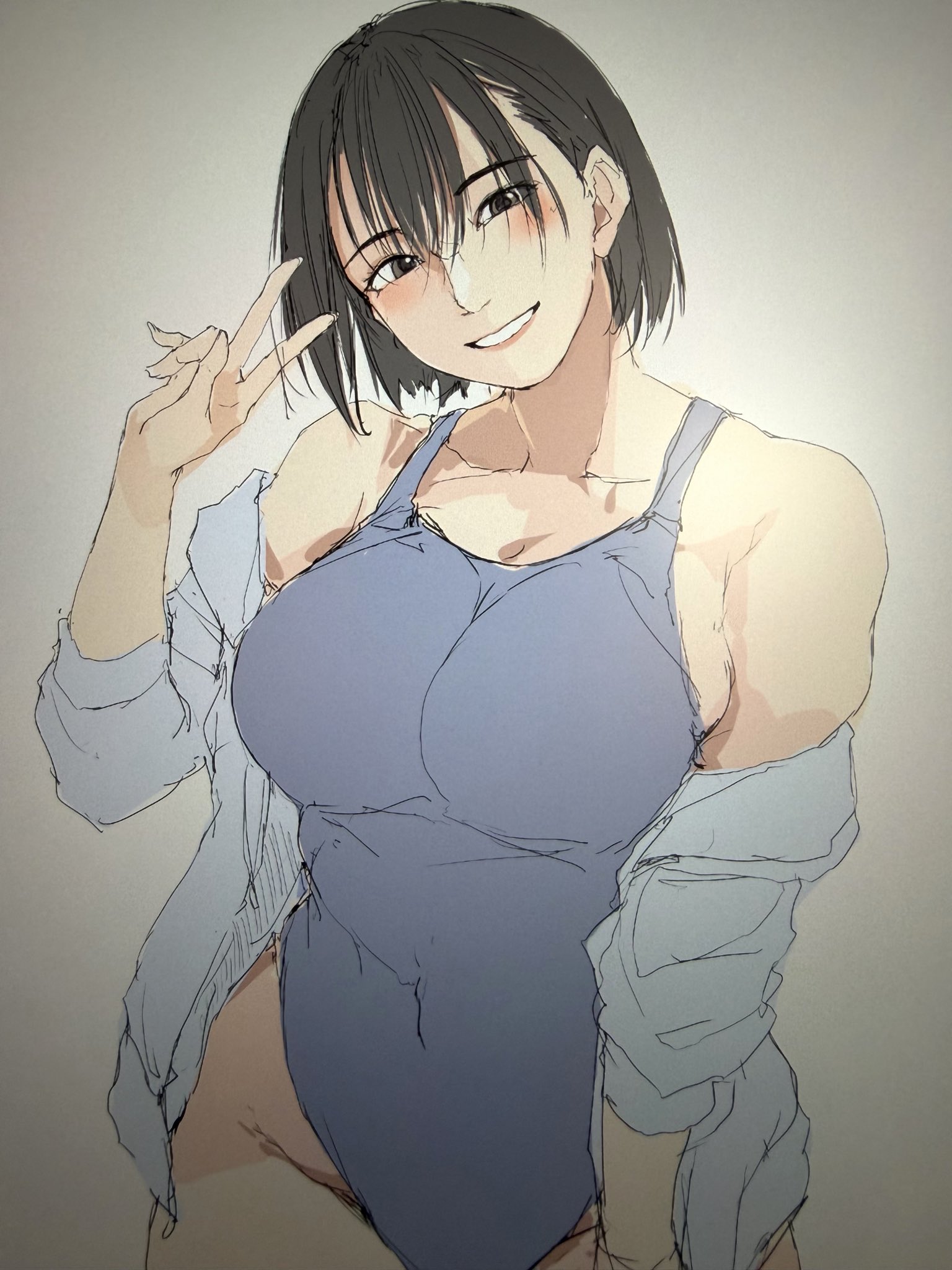 zekkyon, original, commentary request, highres, 1girl, black eyes, black hair, blue jacket, blue one-piece swimsuit, blush, breasts, cleavage, collarbone, covered navel, grey background, grin, hair between eyes, jacket, large breasts, long sleeves, looking at viewer, one-piece swimsuit, short hair, simple background, smile, solo, standing, swimsuit, teeth, v