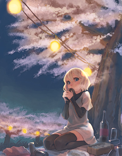 weno, weno's blonde original character, original, lowres, 1girl, blonde hair, blue eyes, cherry blossoms, drinking, female focus, night, short hair, sitting, solo, thighhighs