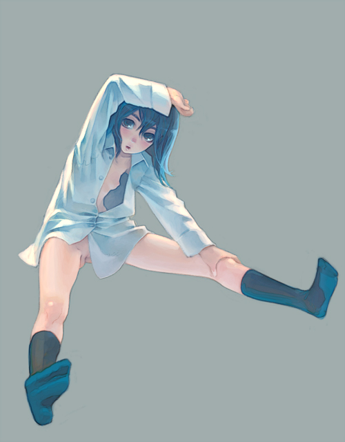 weno, 1girl, black hair, bottomless, breasts, downblouse, feet, female focus, flat chest, full body, grey eyes, naked shirt, nipple slip, nipples, no bra, no panties, shirt, simple background, socks, solo