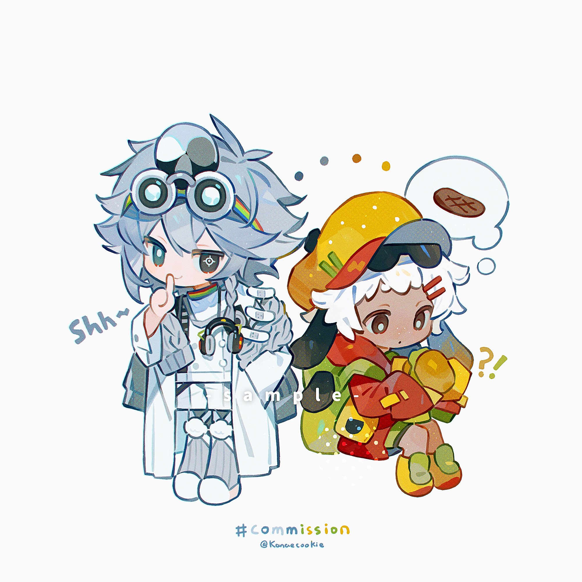 kanae (cookie), original, commission, highres, !?, 1boy, 1girl, blue eyes, blue hair, bright pupils, brown eyes, burger, chibi, chibi only, closed mouth, dark-skinned female, dark skin, eyewear on head, food, full body, goggles, goggles on head, green jacket, grey eyes, hair ornament, hairclip, hat, heterochromia, holding, holding food, index finger raised, jacket, long sleeves, looking at viewer, parallel hairclips, red shorts, shoes, short hair, shorts, simple background, sitting, sleeves past fingers, sleeves past wrists, smile, spoken food, standing, steak, sunglasses, twitter username, white background, white hair, white pupils, white shoes, white shorts, yellow hat, yellow shoes