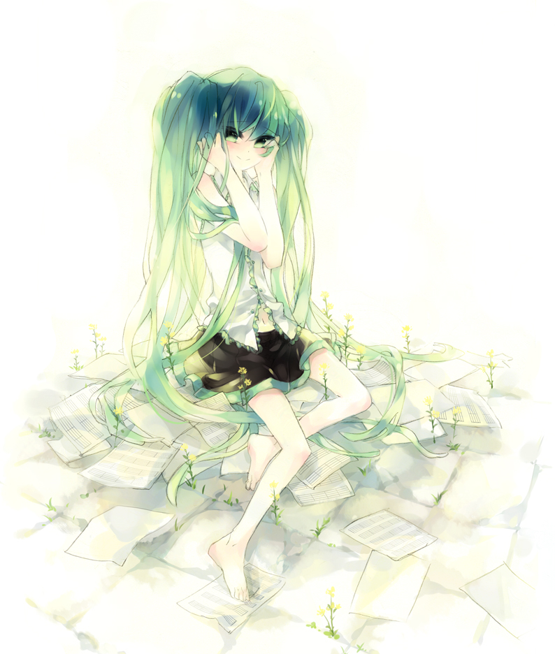 hajida, hatsune miku, vocaloid, bad id, bad pixiv id, aqua eyes, aqua hair, barefoot, feet, flower, legs, long hair, paper, sheet music, sitting, skirt, smile, solo, twintails