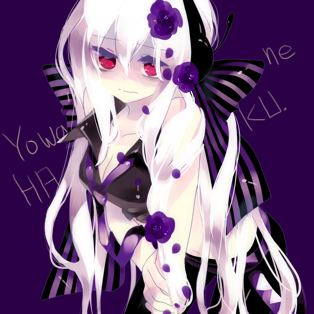 hajida, yowane haku, vocaloid, bad id, bad pixiv id, 1girl, breasts, cleavage, female focus, hair ribbon, long hair, necktie, ponytail, red eyes, ribbon, solo, white hair