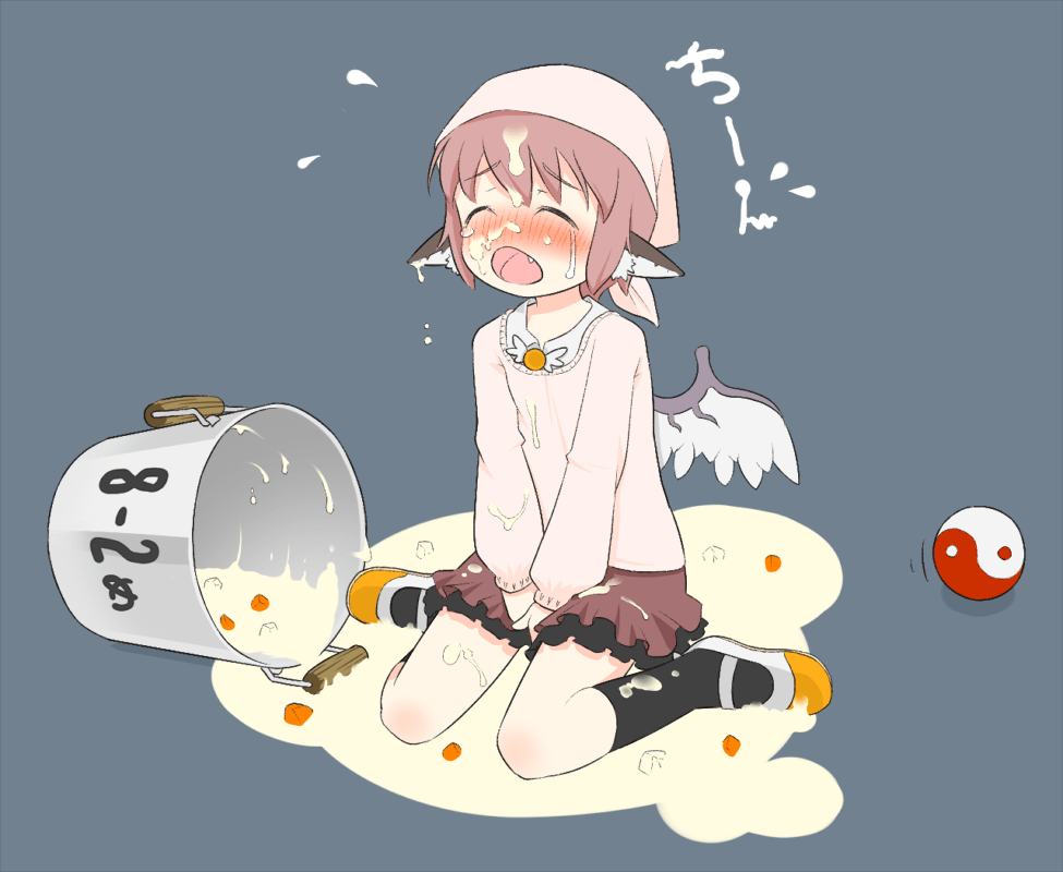 torque, mystia lorelei, touhou, 1girl, animal ears, blush, bucket, child, closed eyes, cooking pot, fang, female focus, full body, headscarf, mary janes, pink hair, shoes, short hair, simple background, sitting, skirt, socks, solo, sweater, tears, wet, white headscarf, wings, yin yang