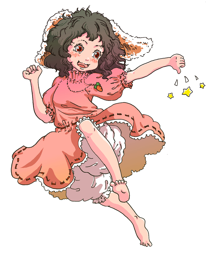 karaagetarou, inaba tewi, touhou, 1girl, animal ears, barefoot, black hair, bloomers, carrot, feet, female focus, full body, jewelry, pendant, rabbit ears, red eyes, short hair, simple background, solo, thumbs down, underwear, white background