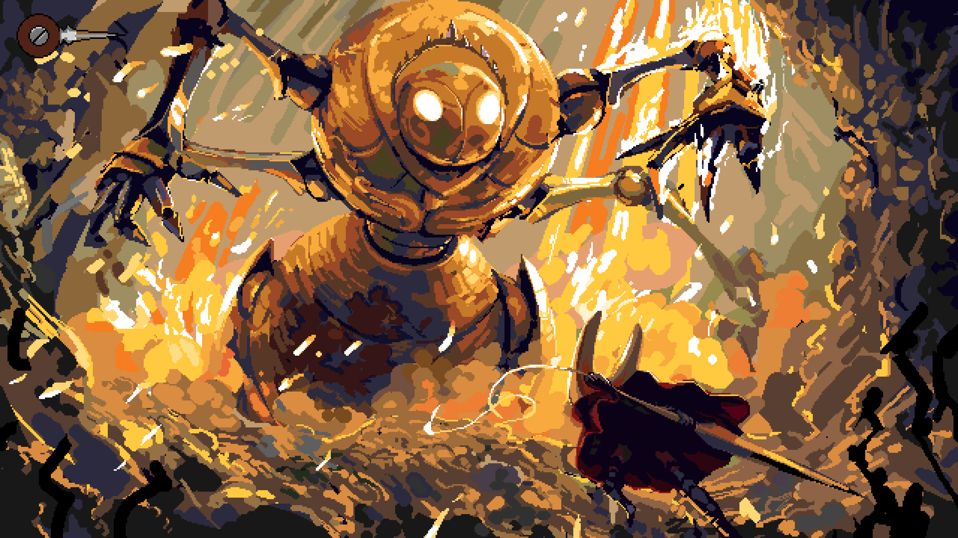 hby stuff, hornet (hollow knight), hollow knight, hollow knight: silksong, absurdres, highres, 1girl, arthropod girl, black skin, boss fight, cloak, colored skin, empty eyes, fourth chorus (hollow knight), from behind, giant, glowing, glowing eyes, holding, holding weapon, horned mask, horns, looking at another, mask, mecha, needle (hollow knight), no humans, no mouth, red cloak, robot, standing, weapon, white mask