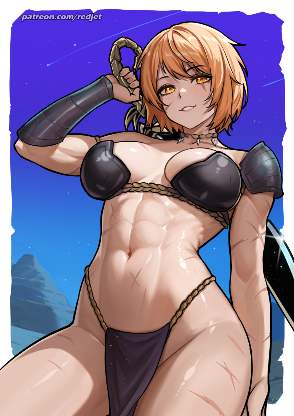 redjet, original, highres, 1girl, abs, armor, bikini armor, blonde hair, breasts, cross scar, halloween, holding, holding sword, holding weapon, large breasts, looking at viewer, muscular, muscular female, navel, night, night sky, orange eyes, patreon username, pelvic curtain, scar, scar on arm, short hair, shoulder armor, sky, smile, solo, stomach, sword, thighs, weapon