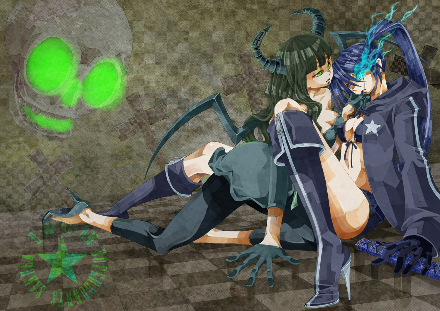 sakura (superbunnys), black rock shooter (character), dead master, black rock shooter, 10s, 2girls, belt, bikini, bikini top only, black leggings, blue hair, boots, breasts, chain, checkered floor, cleavage, cross, demon wings, dress, gloves, glowing, green eyes, green hair, high heels, hood, hoodie, horns, katana, leggings, long hair, midriff, multiple girls, navel, shoes, skull, spandex, star (symbol), swimsuit, sword, weapon, wings, yuri, zipper