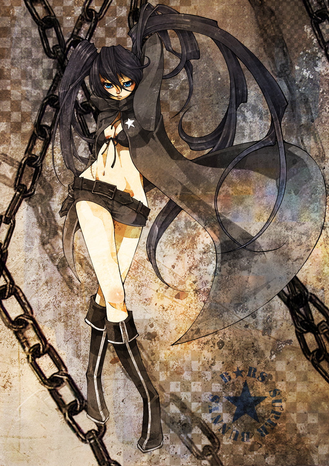 sakura (superbunnys), black rock shooter (character), black rock shooter, vocaloid, highres, 10s, 1girl, belt, bikini, bikini top only, black hair, blue hair, boots, chain, female focus, full body, gloves, legs, long hair, midriff, navel, scar, shorts, solo, swimsuit, twintails