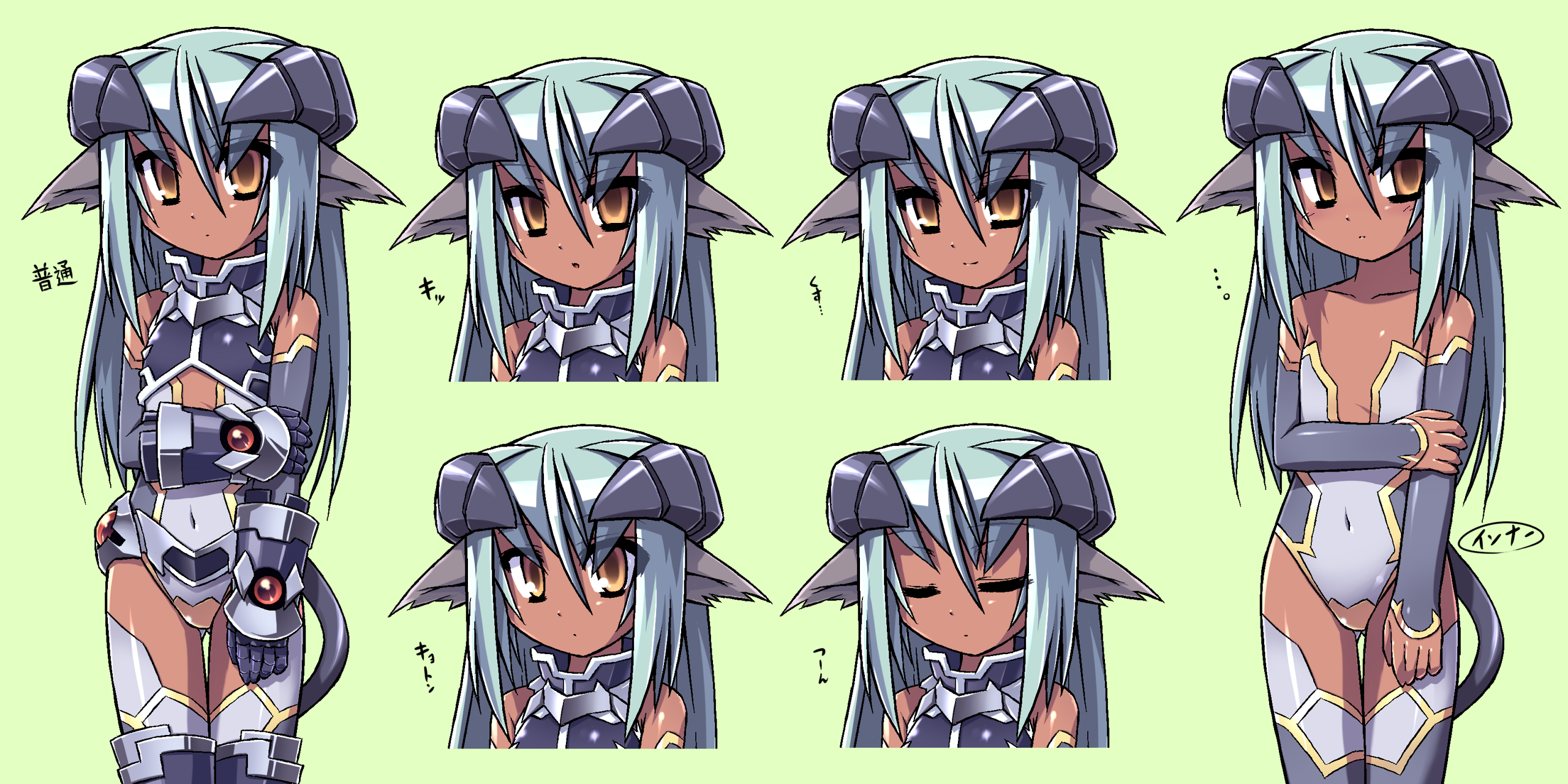 redrantem, tomoshibi hidekazu, original, highres, 1girl, animal ears, armor, bare shoulders, blue hair, child, closed eyes, dark-skinned female, dark skin, elbow gloves, gloves, horns, long hair, multiple expressions, smile, thighhighs