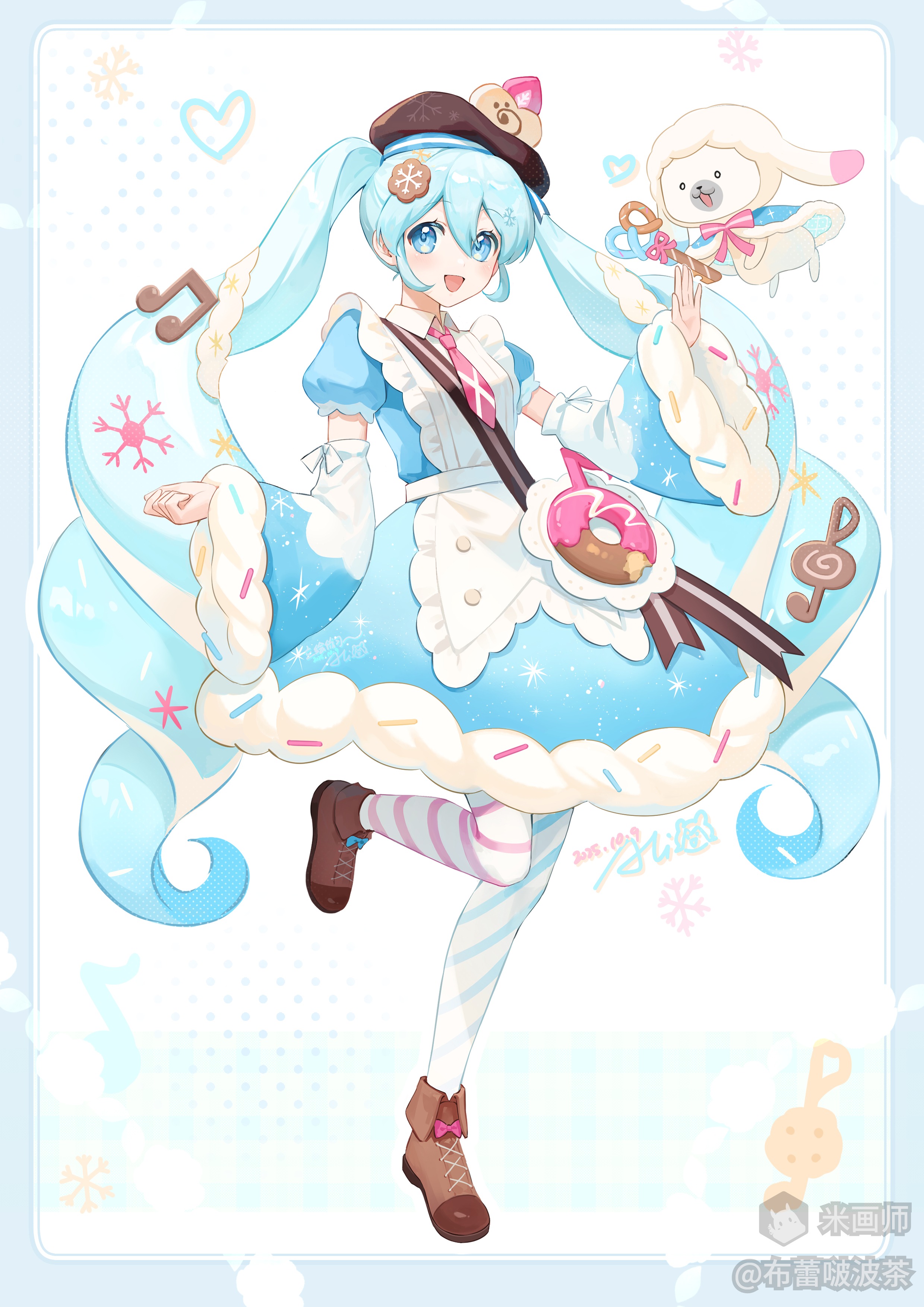 hatsune miku, rabbit yukine, yuki miku, yuki miku (2026), vocaloid, absurdres, chinese commentary, commentary request, highres, 1girl, :d, apron, asymmetrical legwear, blue border, blue dress, blue eyes, blue hair, blue pantyhose, blue sleeves, blush, border, brown hat, brown shoes, cookie hair ornament, detached sleeves, donut, double-parted bangs, dress, food, food-themed hair ornament, frilled apron, frills, full body, hair between eyes, hair ornament, hat, long hair, long sleeves, looking at viewer, mihuashi 428439, mihuashi username, mismatched legwear, necktie, open mouth, pantyhose, pink necktie, pink pantyhose, shoes, short sleeves, smile, standing, standing on one leg, striped clothes, striped pantyhose, twintails, very long hair, white apron, white background, wide sleeves