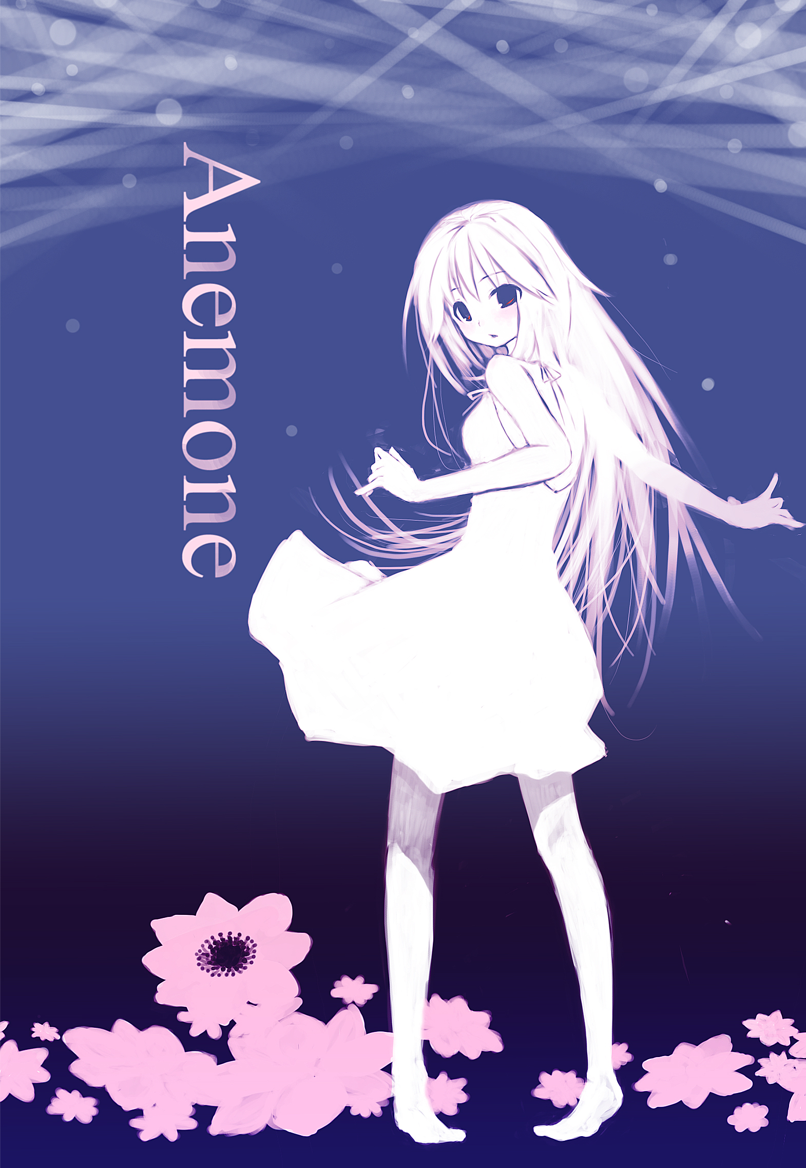 nekotama (artist), nekotama (pixiv602925), bad id, bad pixiv id, highres, barefoot, blush, dress, flower, long hair, looking back, red eyes, solo