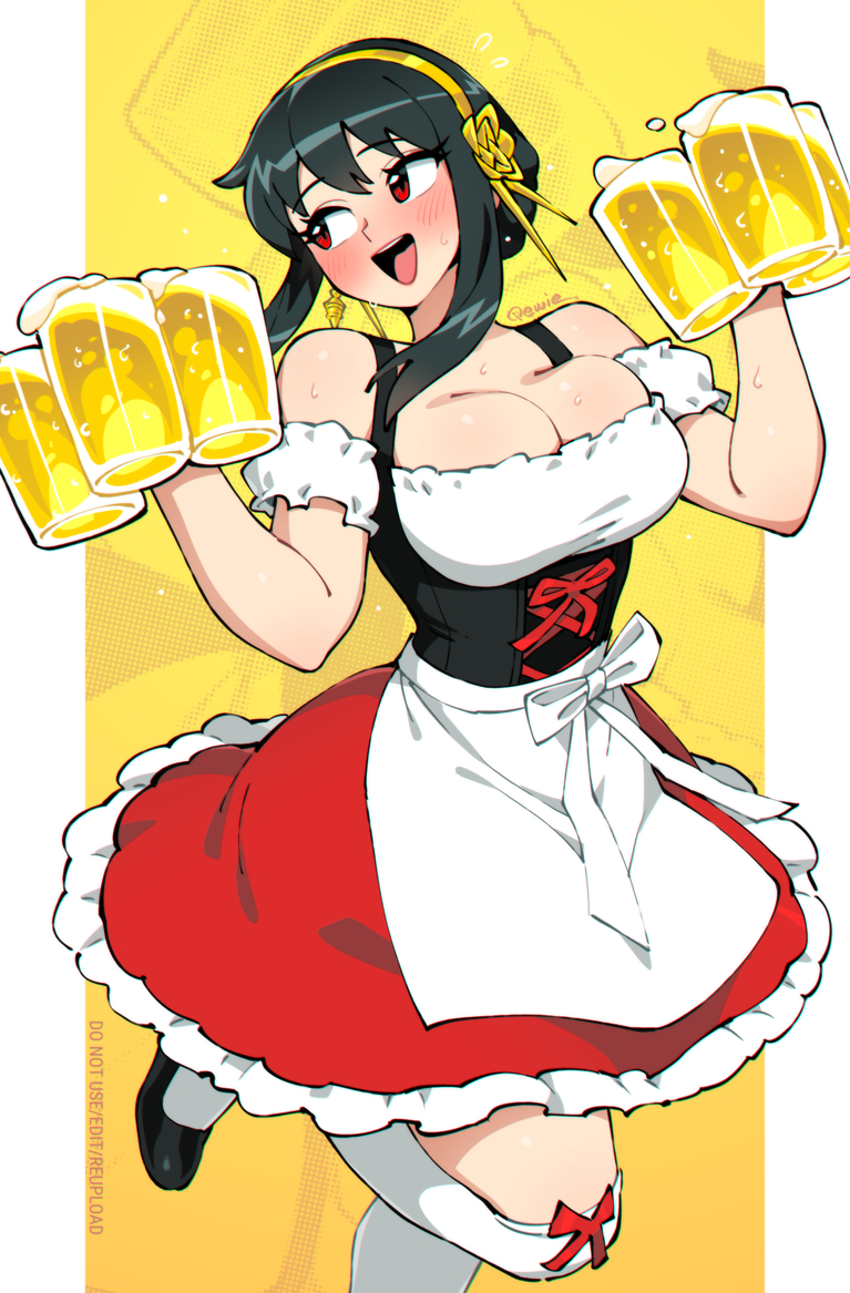 qewie, yor briar, spy x family, 1girl, alcohol, alternate costume, apron, bare shoulders, barmaid, beer, beer mug, black hair, blush, breasts, cleavage, cup, dirndl, dress, frilled dress, frills, german clothes, hairband, holding, holding cup, large breasts, long hair, mug, open mouth, red dress, red eyes, sidelocks, sweat, white apron