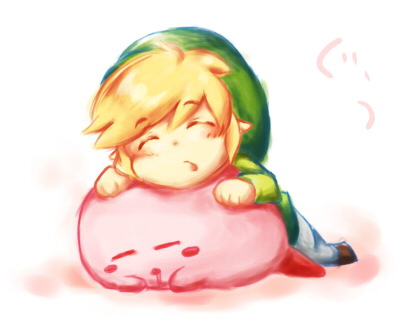 kirby, link, toon link, kirby (series), nintendo, super smash bros., the legend of zelda, lowres, 1boy, blonde hair, hat, male focus, sleeping, solo