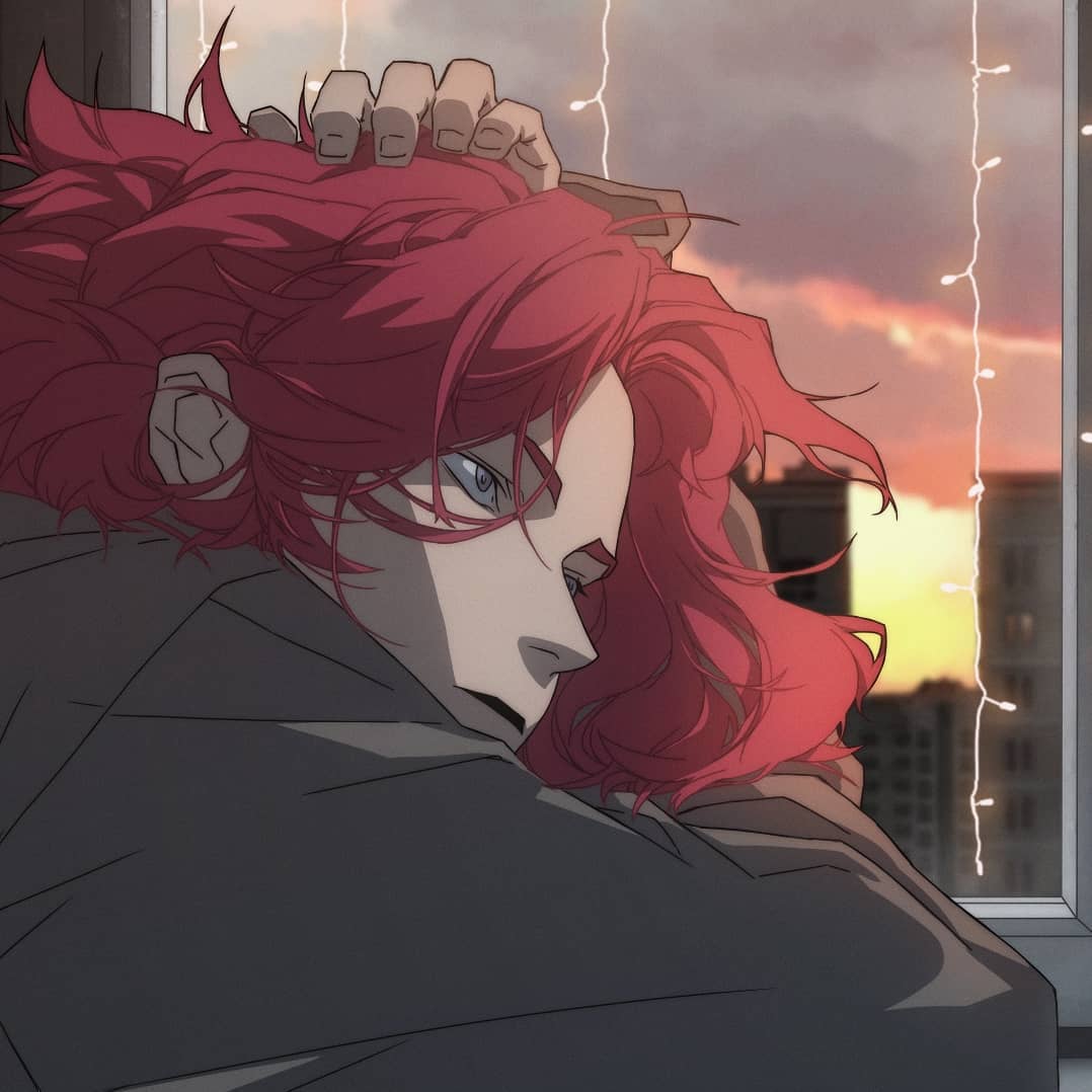 pontyk blya, character request, copyright request, non-web source, 1boy, black shirt, building, cloud, cloudy sky, indoors, male focus, red hair, shirt, sky, solo, sunset, upper body, window