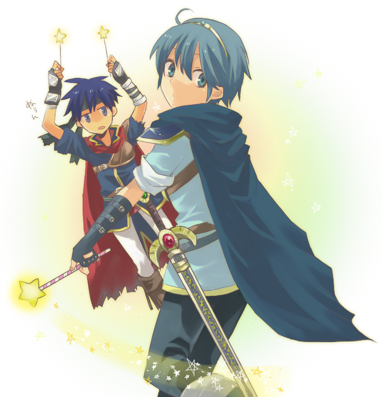 ike (fire emblem), marth (fire emblem), fire emblem, fire emblem: mystery of the emblem, fire emblem: path of radiance, nintendo, super smash bros., 2boys, blue eyes, blue hair, cape, gloves, headband, male focus, multiple boys, rod, sheath, sheathed, star rod, sword, tiara, weapon