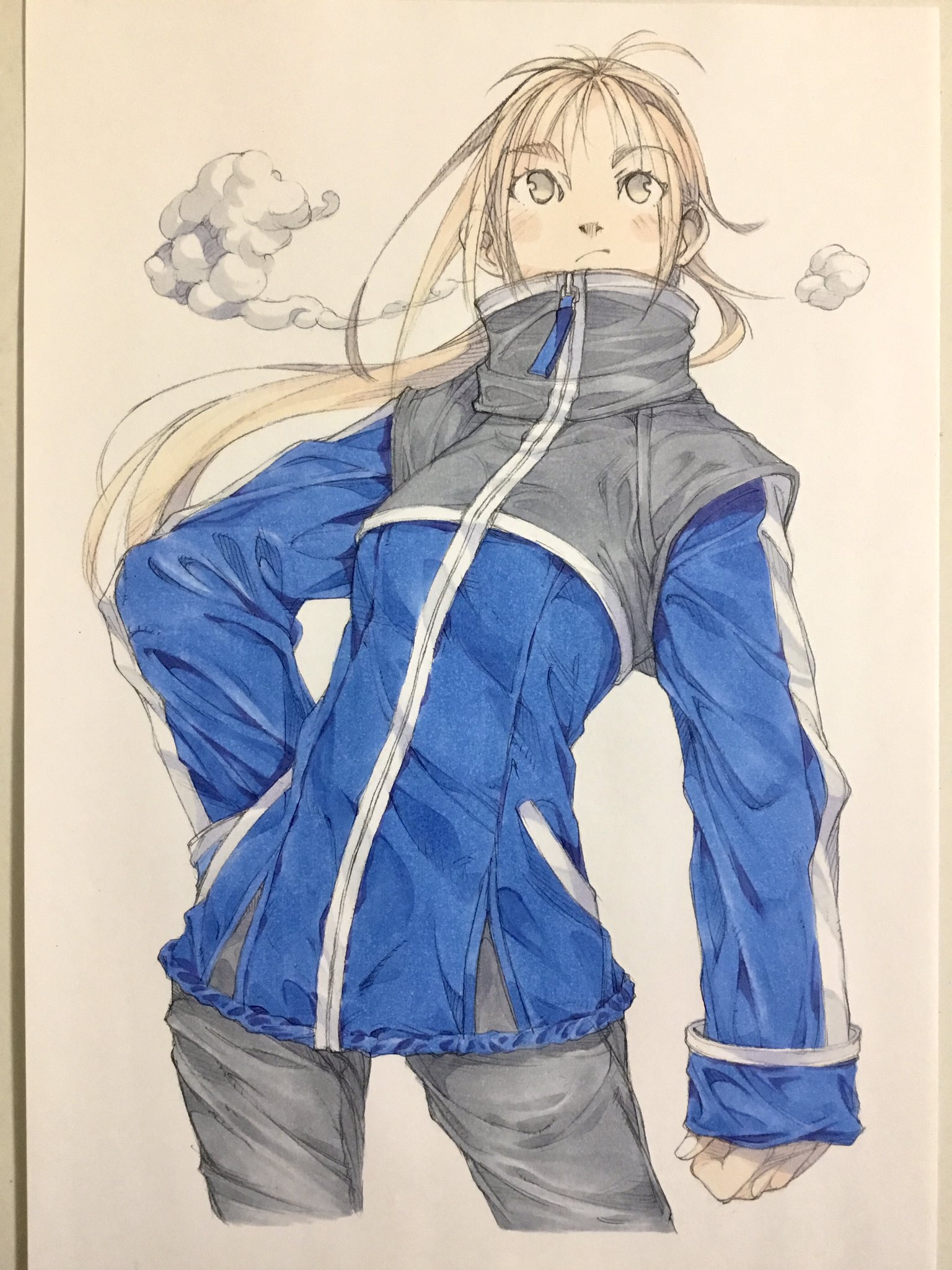 peter salt, original, commentary, highres, traditional media, 1girl, blonde hair, blue jacket, breasts, closed mouth, cloud, cropped legs, grey eyes, grey pants, hand in pocket, high collar, jacket, leaning to the side, long hair, long sleeves, looking ahead, medium breasts, pants, sleeves past wrists, solo, standing, white background, zipper, zipper pull tab
