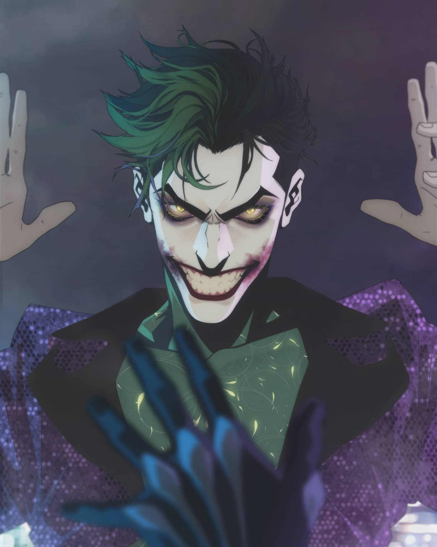 pontyk blya, the joker, batman (series), dc comics, highres, non-web source, 1boy, blood, bodysuit, gloves, grin, hands up, jacket, looking at viewer, makeup, male focus, smile, solo, teeth, upper body