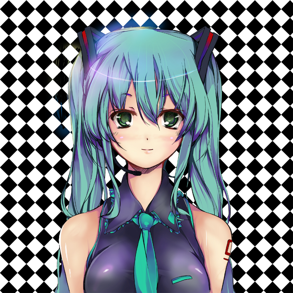 riochan, hatsune miku, vocaloid, colorized, 1girl, aqua hair, bare shoulders, breasts, female focus, green eyes, headset, long hair, necktie, smile, solo, twintails