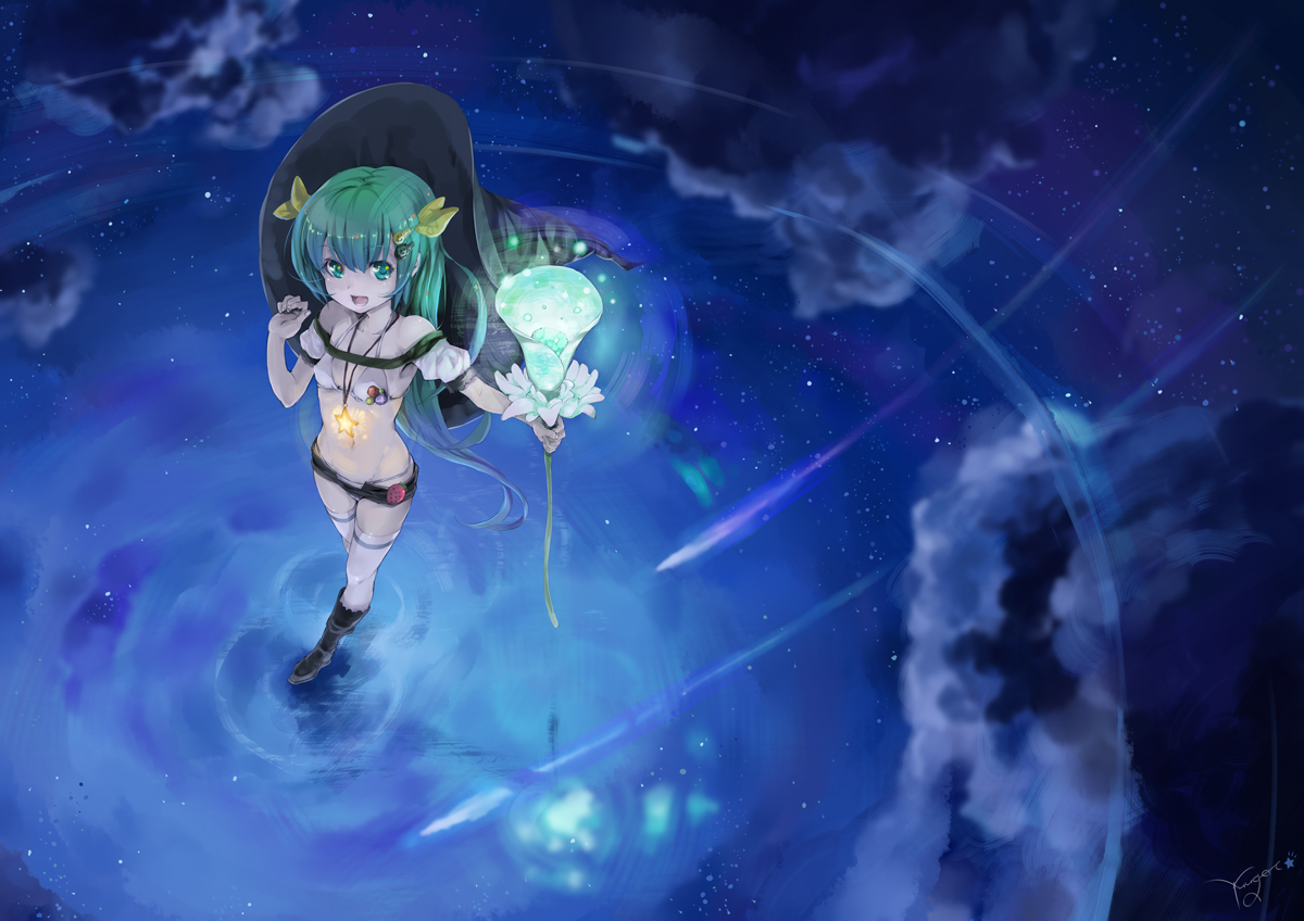 yuugen, original, md5 mismatch, 1girl, bikini, boots, female focus, flower, green eyes, green hair, hat, long hair, matching hair/eyes, shorts, solo, swimsuit, thighhighs, water, white thighhighs, witch hat