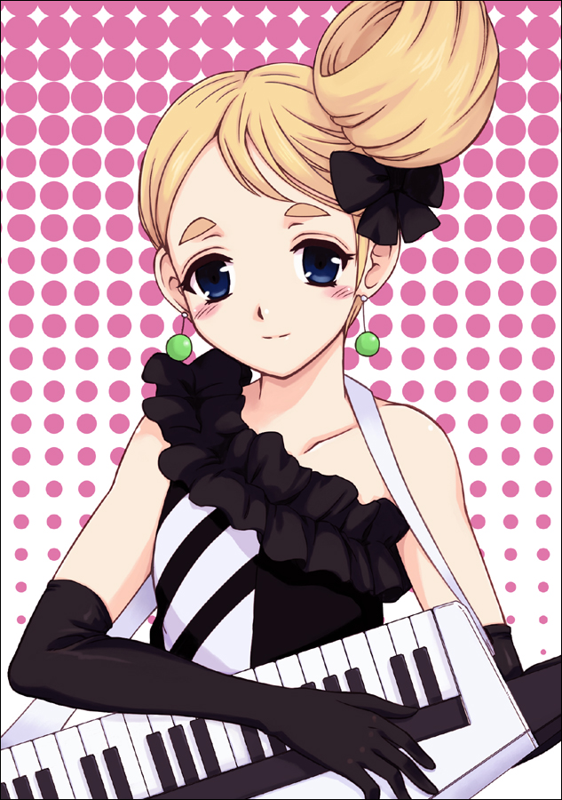 orebalgum, kotobuki tsumugi, don't say "lazy", k-on!, eyebrows, 00s, 1girl, blonde hair, blue eyes, blush, dress, earrings, elbow gloves, female focus, gloves, instrument, jewelry, keytar, polka dot, smile, solo