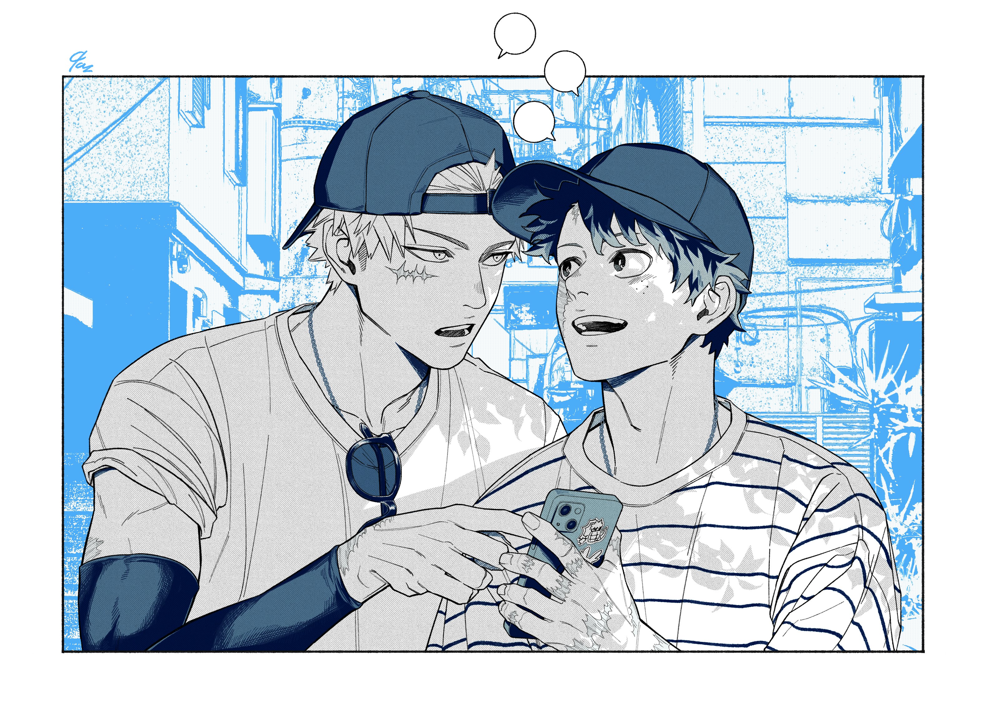 bakugou katsuki, midoriya izuku, boku no hero academia, commentary request, highres, 2boys, 9 a zq, alternate costume, backwards hat, baseball cap, cellphone, compression sleeve, crew neck, eye contact, facial scar, freckles, hat, holding, holding phone, looking at another, male focus, multiple boys, open mouth, phone, scar, scar across eye, scar on cheek, scar on face, scar on hand, shirt, short hair, sleeves rolled up, smile, speech bubble, spot color, striped clothes, striped shirt, sunglasses, teeth, unworn eyewear, upper body