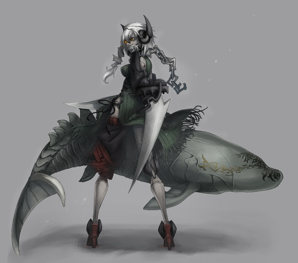 yuuta (pixiv189294), original, blade, bad id, bad pixiv id, 1girl, chain, female focus, fish, headphones, long hair, looking back, mecha musume, monster, monster girl, solo, white hair