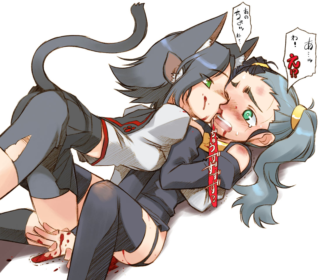 nakamura tetsuya, bad id, bad pixiv id, translation request, 2girls, animal ears, bike shorts, bleeding, blood, blush, licking, multiple girls, nosebleed, school uniform, skirt, tears, thighhighs, twintails