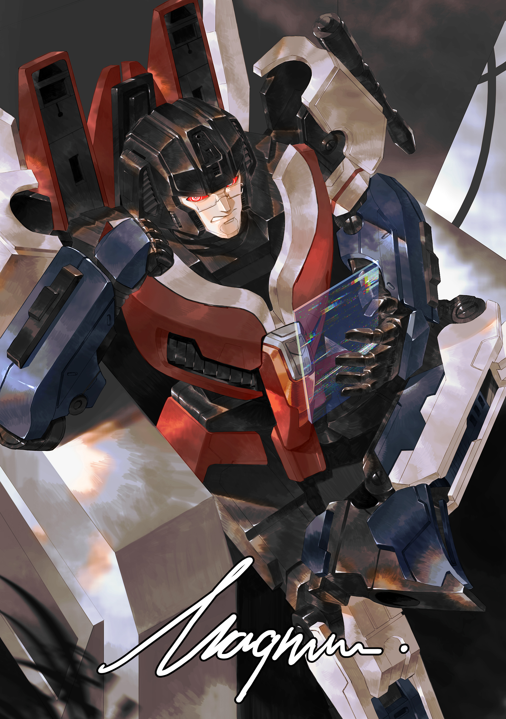 cotttton, starscream, transformers, transformers one, absurdres, highres, 1boy, angry, chair, decepticon, looking at viewer, mecha, no humans, red eyes, robot, science fiction, solo