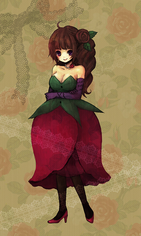 1st-mn, original, bare shoulders, breasts, brown hair, dress, elbow gloves, flower, gloves, large breasts, long hair, pantyhose, purple eyes, rose, smile, solo, strapless, strapless dress