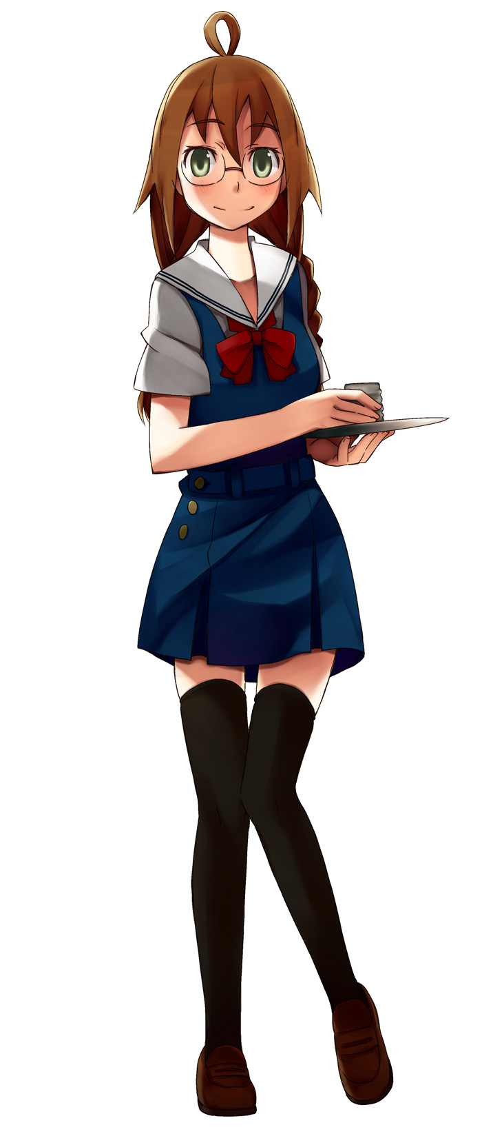 itami kiyoshi ichi, itami sumihito, original, bad id, bad pixiv id, highres, brown hair, glasses, green eyes, long hair, school uniform, skirt, smile, solo, thighhighs, zettai ryouiki