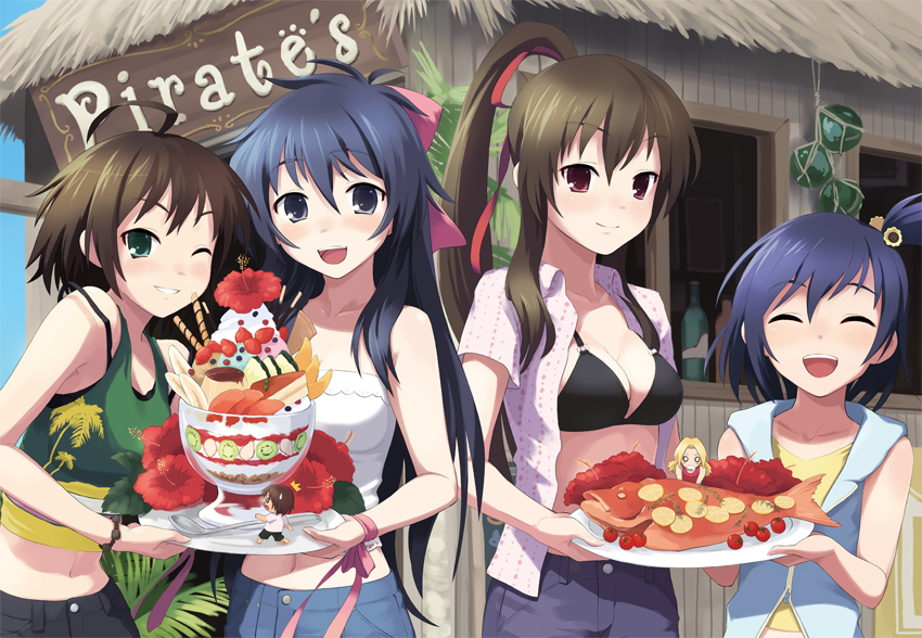 oryo (oryo04), original, bad id, bad pixiv id, 4girls, 5girls, :d, ^ ^, ahoge, bikini, bikini top only, bikini under clothes, black hair, blouse, blue hair, blush, breasts, brown hair, cherry tomato, chibi, child, cleavage, closed eyes, fish, flower, food, green eyes, happy, hibiscus, in food, long hair, medium breasts, mini person, miniboy, minigirl, multiple girls, navel, one eye closed, open clothes, open mouth, open shirt, parfait, plate, ponytail, red eyes, shirt, short hair, short ponytail, side ponytail, smile, sweets, swimsuit, tomato, wafer stick, wink