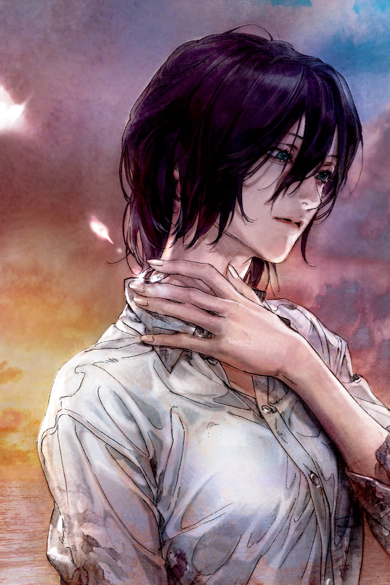 u ryeon, reze (chainsaw man), chainsaw man, hashtag-only commentary, highres, 1girl, black hair, blood, blood on clothes, collared shirt, dawn, green eyes, grenade pin, hair between eyes, parted lips, shirt, short hair, solo, upper body, white shirt